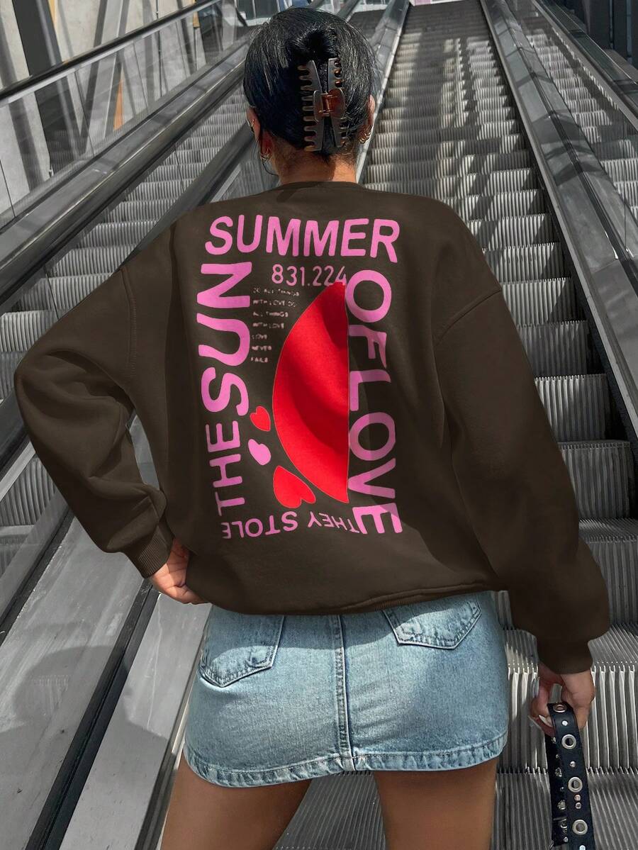 RueChic Cotton Slogan Graphic Drop Shoulder Sweatshirt - Chocolate Brown - View 1