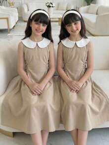 SHEIN Tween Girl Fashionable & Elegant Khaki Dress With White Peter Pan Collar Sleeveless Cinched Waist A-Line Midi Dress Tween Girls Casual Chic Commuter Elegant Khaki Dress - Khaki - View 1