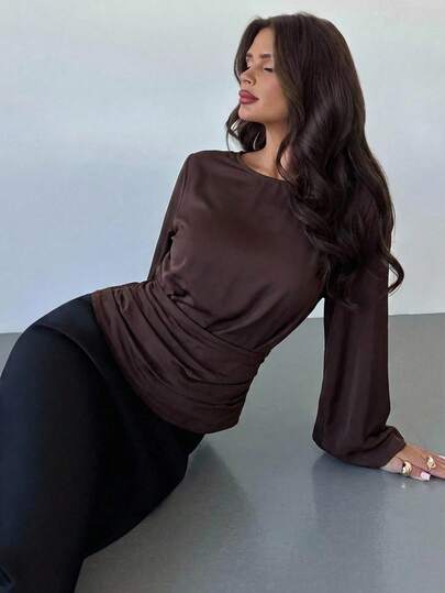 Firerie Brown Blouses For Women Dark Brown Top Brown Long Sleeve Top Elegant Workwear Tops / Sophisticated Vintage Style / Going Out Tops Casual Blouses For Women Brown Top