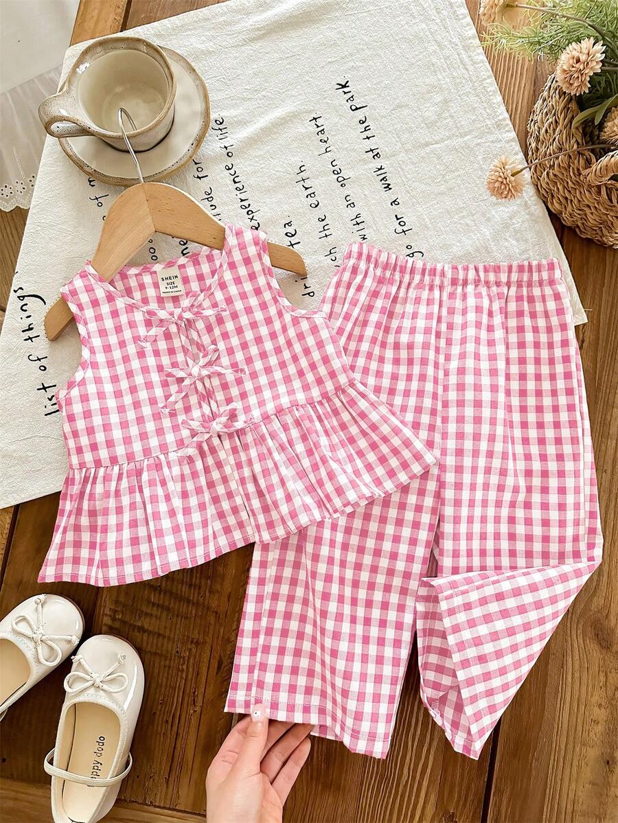 LMoss Kids Baby Mädchen süßer Sommer Urlaub rot & weiß karierter Schleifendekor Trägerhemd & Hose mit elastischem Bund - Pink - Übersicht 1