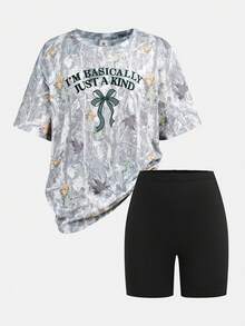 Bộ đồ mùa hè cho bé gái, gồm áo thun rộng và quần legging dệt kim in họa tiết gỗ lũa, chất liệu mềm mại, hợp thời trang, đa năng, phù hợp cho các buổi đi chơi, chụp ảnh cùng chị em, dã ngoại, cắm trại, kỳ nghỉ và thư giãn hàng ngày. - Xám - Xem 12