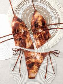 Swim SXY 随机印花露背吊带比基尼上衣和侧系带比基尼下装套装 - 彩色 - 查看 3