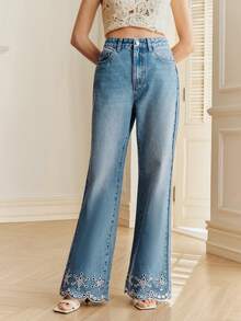 Anewsta Quần jeans ống đứng thêu hoa màu xanh dương khoét rỗng dành cho nữ, phong cách lãng mạn mới, mùa Xuân/Hè, lấy cảm hứng từ ngày Valentine. - Rửa trung bình - Xem 5