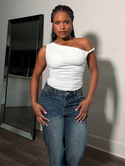 Tyla Gomez 女士夏季純色不對稱領口修身短袖上衣