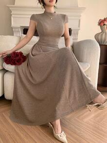 DAZY Women's Solid Color Stand Collar Cap Sleeve Ribbed Midi Dress Summer Sundress - Khaki - View 8