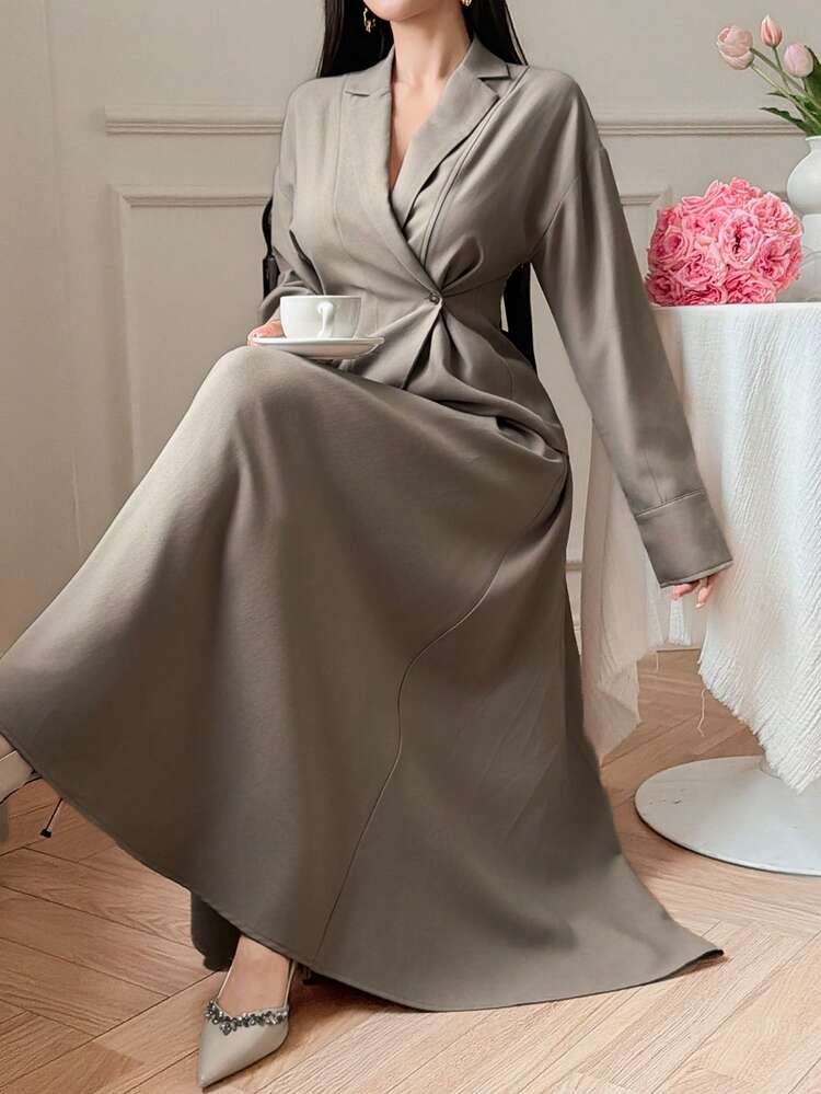 Women's Solid Color Mottled Collar Long Sleeve Single-Breasted Jacket And Midi Skirt Elegant 2-Piece Set