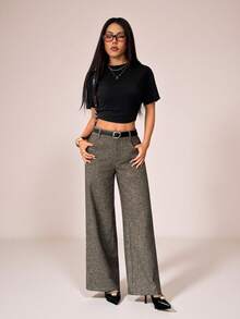 SHEIN PETITE 女士纯色口袋阔腿宽松休闲裤，适合通勤、办公穿着/复古风格/时尚外出/春夏保暖羊毛斜纹直筒裤/夏季女士裤装，棕色斜纹直筒裤，工作裤，秋季 - 咖啡棕 - 查看 5