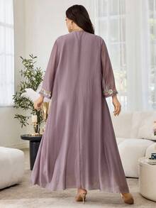 Al Najma Casual Solid Color Embroidered Ruffle Trim Loose Fit Scoop Neck Long Sleeve Plus Size Women Arabic Maxi Dress, Spring/Summer - Dusty Pink - View 2