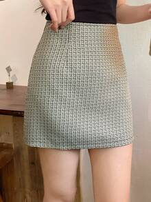 DAZY 女士格子印花高腰修身优雅半身裙 - 黑與白 - 查看 3