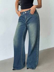 Aloruh 女士带口袋阔腿宽松休闲百搭牛仔裤 - 藍色 - 查看 3