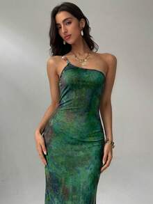 Aloruh Đầm nữ không tay ôm dáng, in họa tiết nhuộm tie-dye, thời trang. - màu xanh lá - Xem 3