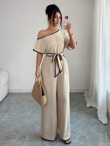 Rafferiza Casual Vacation Asymmetric-Shoulder Textured Soft Elastic Waist Comfortable Flared Leg Pants, Khaki, Spring/Summer - Khaki - View 5