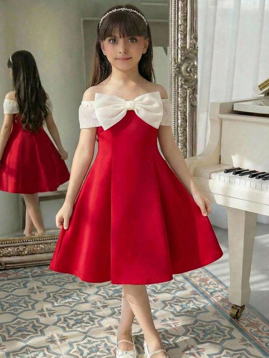 SHEIN 年轻女孩优雅可爱的撞色蝴蝶结连衣裙 - 紅色 - 查看 1