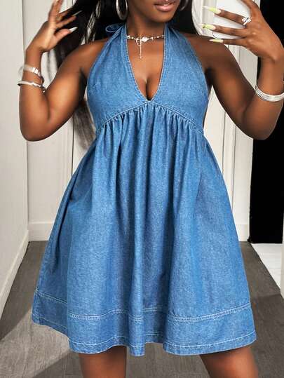 Slaydiva Plus Size Women's Halter Backless Denim Sexy Dress Summer