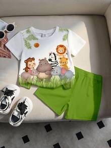 SHEIN Playful Pals 男婴休闲度假简约时尚可爱动物园猴子河马大象斑马狮子熊圆领T恤和配套短裤套装，适合夏季、休闲、户外、上学穿着 - 彩色 - 查看 6