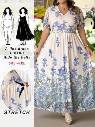 SHEIN CURVE+ Plus Size Elegant V-Neck Floral & Paisley Print Dress