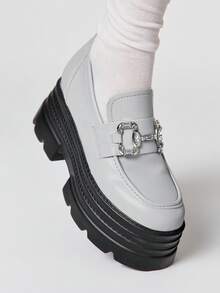 ROMWE Goth 女士黑色套脚乐福鞋，玛丽珍平底鞋，日式JK制服风格，正式工作鞋，厚底平底鞋，圣诞节礼物 - 灰色啞光 - 查看 3