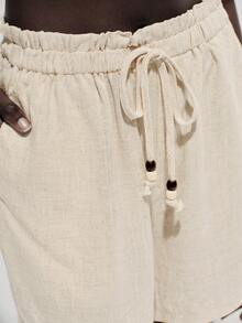 SHEIN Holidaya Linen Straight Leg Shorts With Slant Pockets, Waist Decor Tassel & Beaded Belt Shorts For Women Summer Shorts For Women Holiday Linen Shorts For Women - Apricot - View 5