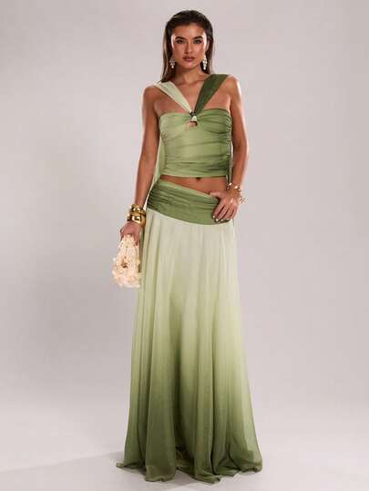 SHEIN BAE Women's Ombre Print Neck Scarf Halter Top, Suitable For Vacation & Leisure Wear, Elegant Ombre Green Camisole, Beach Vacation Camisole