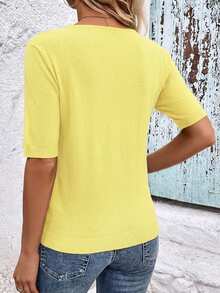 SHEIN Clasi Women's Casual Solid Color V-Neck Short Sleeve Knit Top - Pale Yellow - View 2