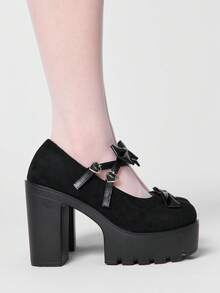 ROMWE Chaussures à talons hauts pour femmes, style rock sombre, punk, goth, à bout fermé, chaussures de soirée Y2K, talon épais avec nœud, chaussures Babies douces , petits talons, chaussures de travail et de ville - Daim noir - Voir 4