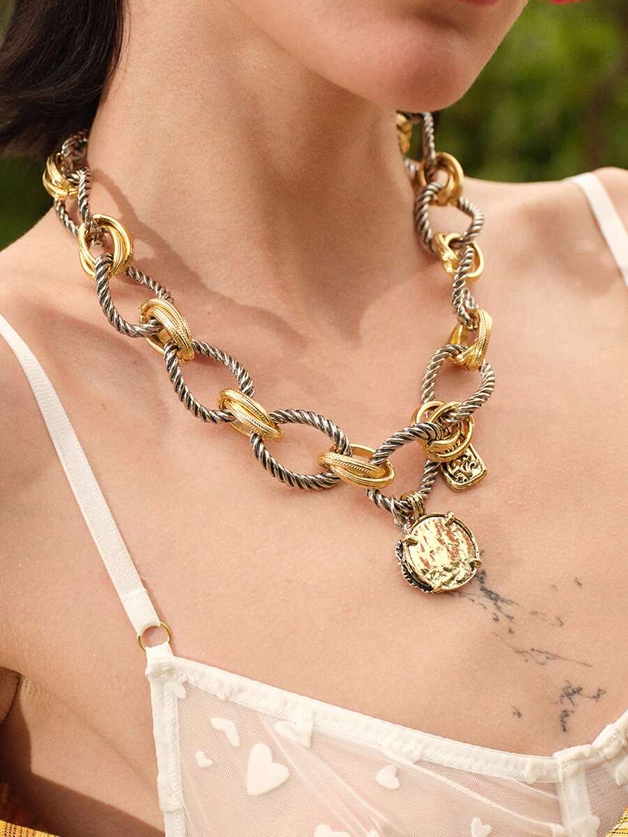 Glisma Chain Necklace, Personalized, Alloy Material, Women's Badge Design, Fashion Necklace, Geometric O-Pattern Necklace, Casual Everything - Gold - View 1