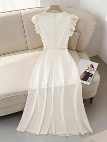 GlowEve Women's Elegant Satin V-Neck Ruffle Armhole Belted Midi Dress, Romantic For Party, Wedding Season, Summer - Apricot - View 2