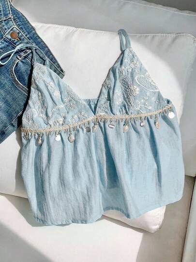 Comfortcana Women's Blue Vintage Floral Embroidered Shell Trim Camisole, Cute Country Style Summer Bikini Top