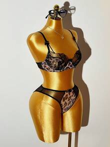 2pcs Embroidered Patchwork Leopard Print Mesh Underwire Bra Set - Multicolor - View 7