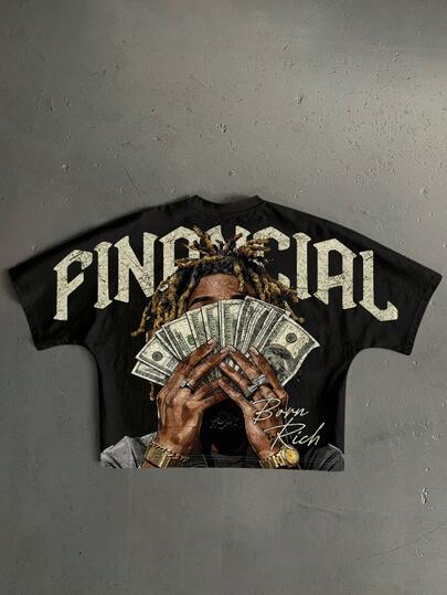 Manfinity ZONE917 t-shirt oversize streetwear avec imprimé graffiti, personnage hip-hop et motif argent. Convient aux passionnés de hip-hop, cadeau pour le petit ami, rappeurs