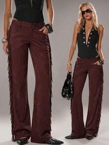 TRNVIE Women's Casual Fashion Flared Fringed Side Design Suede Pants In Burgundy, Western Cowboy Style, Suitable For Evenings, Gatherings, Concerts, Parties - Burgundy - View 3
