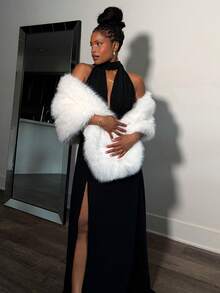 Tyla Gomez 优雅女士蓬松披肩，冬季节日派对服装 - 白色 - 查看 5