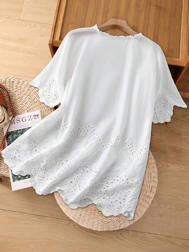 Plus Size Summer Casual Solid Color Hollow Out Embroidered Shirt\Vacation Summer Tops Summer Outfits Summer Clothes  Spring  Spring Outfit Women Spring Clothes Country Style For Women Vacation Outfits Women White Blouse
