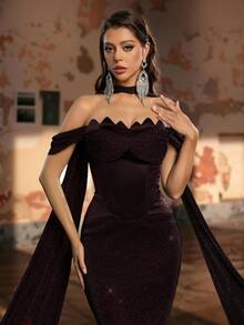 Glamrae Elegant Crafted Floral Lace Collar Structural Splice Ruffle Hem Flared Hem Cocktail Party Dress, Evening Dress, Lightweight Mesh Dress - Coffee Brown - View 4