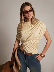 Hauture Women's Sexy Draped Asym Top For Office Layering - Apricot - View 5