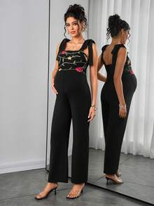 Momance 孕妇夏季休闲度假风花卉刺绣打结吊带连体裤 - 黑色 - 查看 4