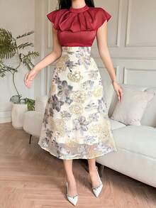 DAZY Damen elegantes Jacquard-Patchwork-Maxikleid, Sommer - Bordeaux - Übersicht 3