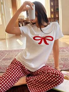 SHEIN Napfluff Cute Bow Embroidered Top & Plaid Pants Women Pajama Set - Multicolor - View 5