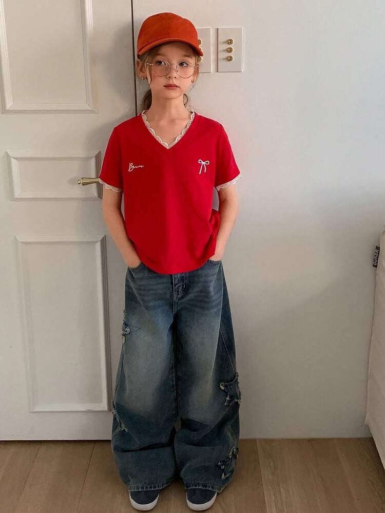 Tween Girls V-Neck Lace Patchwork Short Sleeve T-Shirt, Fall Summer