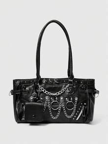 ROMWE Grunge Punk 金属环铆钉链条 Y2K 火车头单肩包 - 黑色 - 查看 1