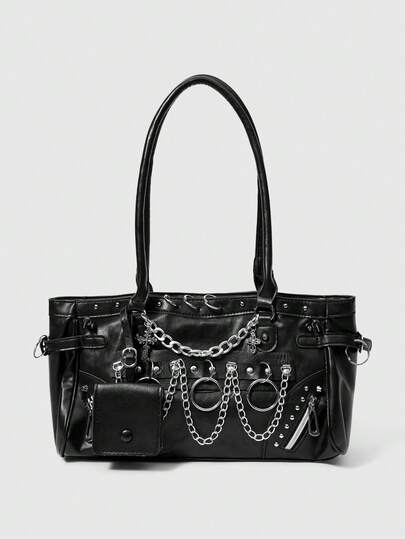 ROMWE Grunge Punk 金属环铆钉链条 Y2K 火车头单肩包