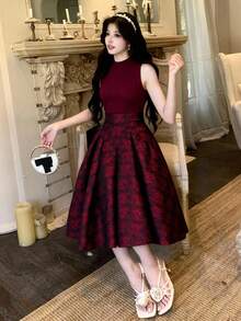 DAZY 女士优雅高领无袖上衣和A字印花半裙两件套，夏季婚礼宾客礼服 - 酒紅色 - 查看 3