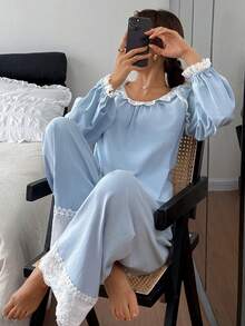 DAZY Conjunto de pijama de mujer con contraste de color elegante y dulce con aplicaciones de encaje - Azul - Ver 7