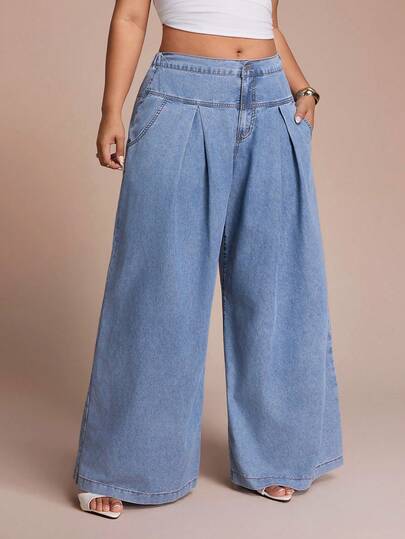 SHEIN CURVE+ 大码纯色休闲褶皱口袋宽松时尚牛仔裤