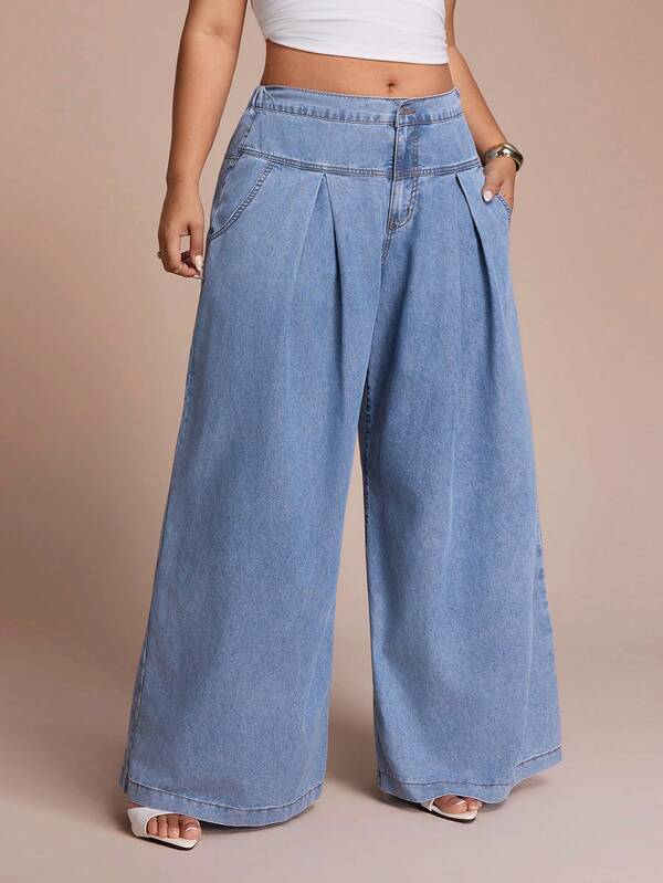 SHEIN CURVE+ Plus Size Solid Color Casual Pleated Pocket Loose Fashion Jeans