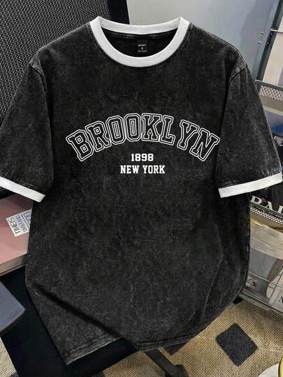 Manfinity Joysei Vintage heren T-shirt met korte mouwen en letterprint, contrasterend patchworkdesign, lente/zomer