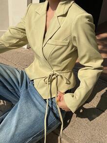 DAZY 女士时尚纯色做旧翻领系带西装外套 - 黃色 - 查看 7