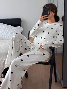 DAZY Casual Heart & Floral All-Over Print Loose Women Pajama Set - White - View 7