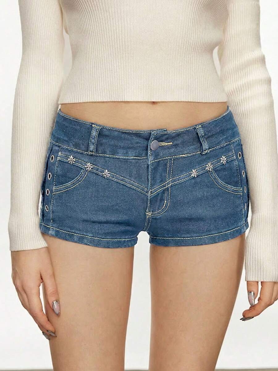 Jeanoix Celana Pendek Denim Kasual Berpinggang Rendah, Musim Panas - Biru - View 1