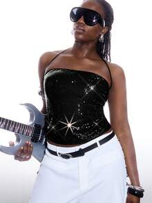 LYSMO Plus Size Women's Sequin Camisole Top, Party Style Women's Corset Rhinestone Tops Bling Top - Black - View 7